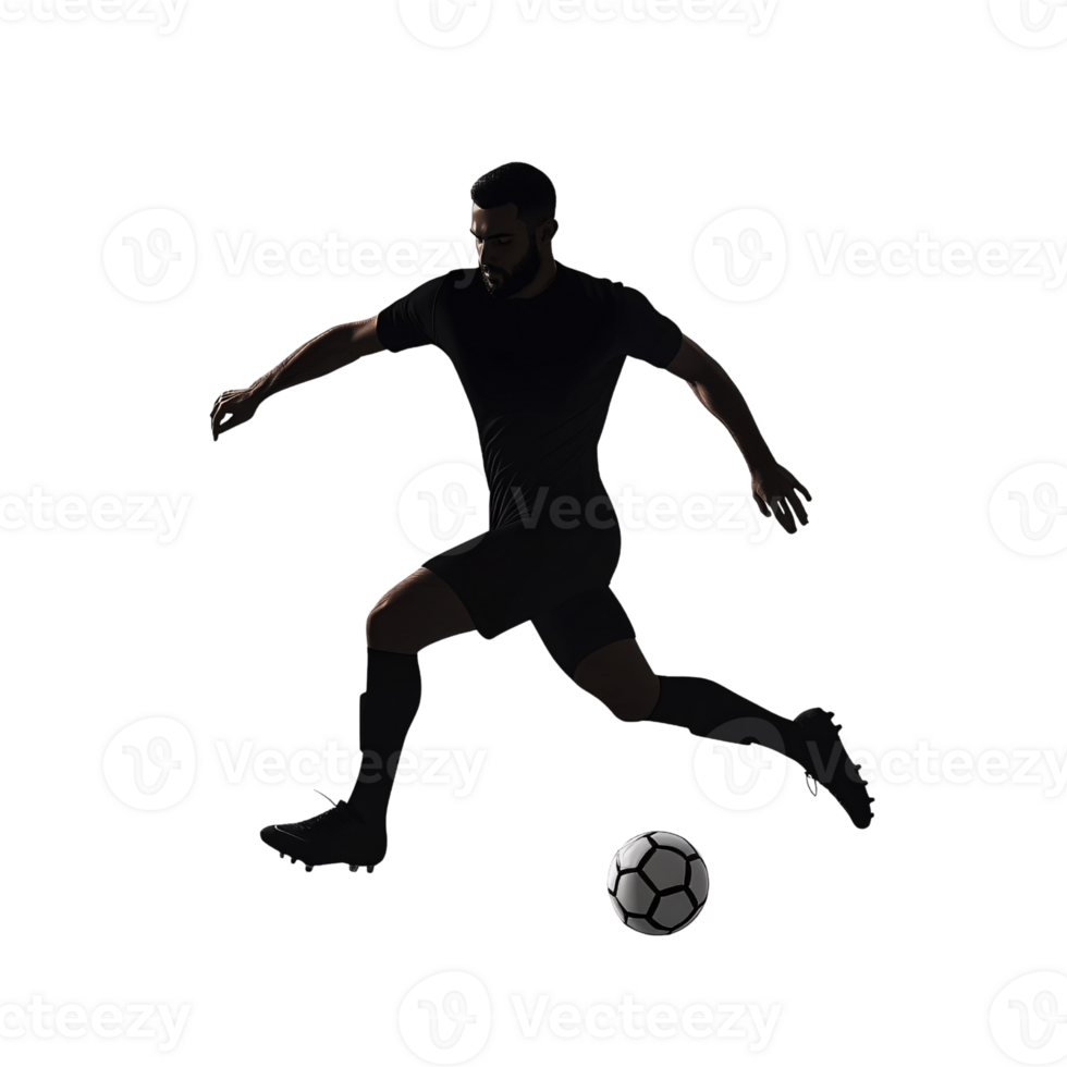 Silhouette of athletic adult Hispanic man kicking soccer ball on transparent background Concept of sports, action, and determination in competitive soccer game png