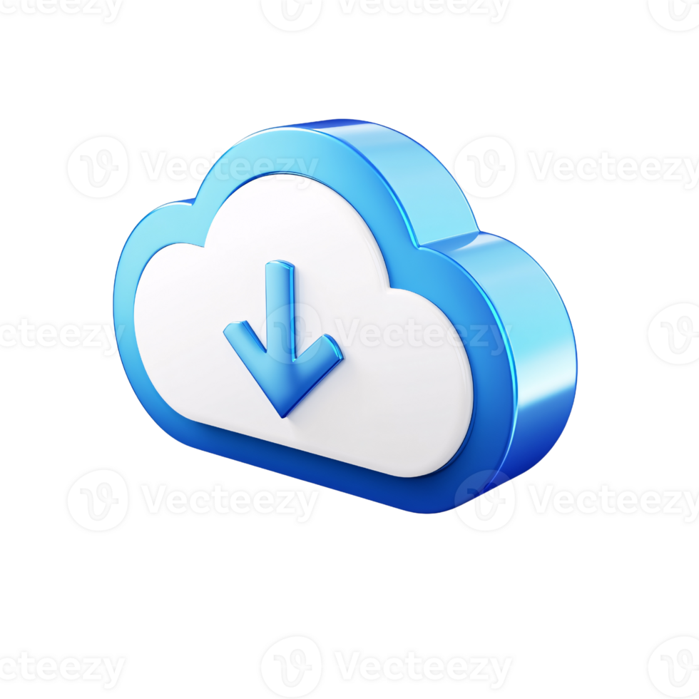3D rendering of a blue and white cloud icon with download arrow on a transparent background Concept of cloud computing, data transfer, and file sharing png