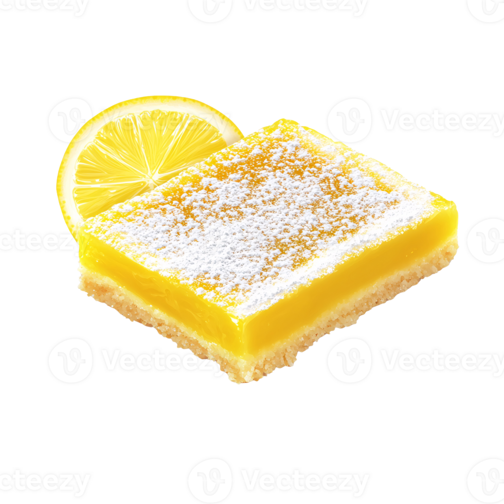 Delicious lemon bar dessert topped with powdered sugar and a lemon slice on a transparent background Concept of baking, pastry, and sweet treat png