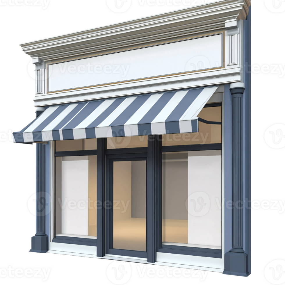 Storefront facade with blue and white striped awning and blank sign, perfect for branding and advertising mockups in retail and commercial design png