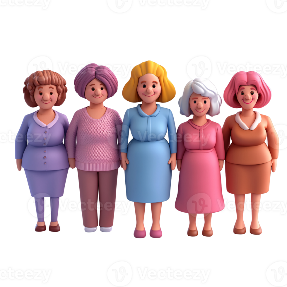 Diverse group of five cartoon women standing together, showcasing friendship, unity, and female empowerment in a colorful and inclusive 3D rendering png