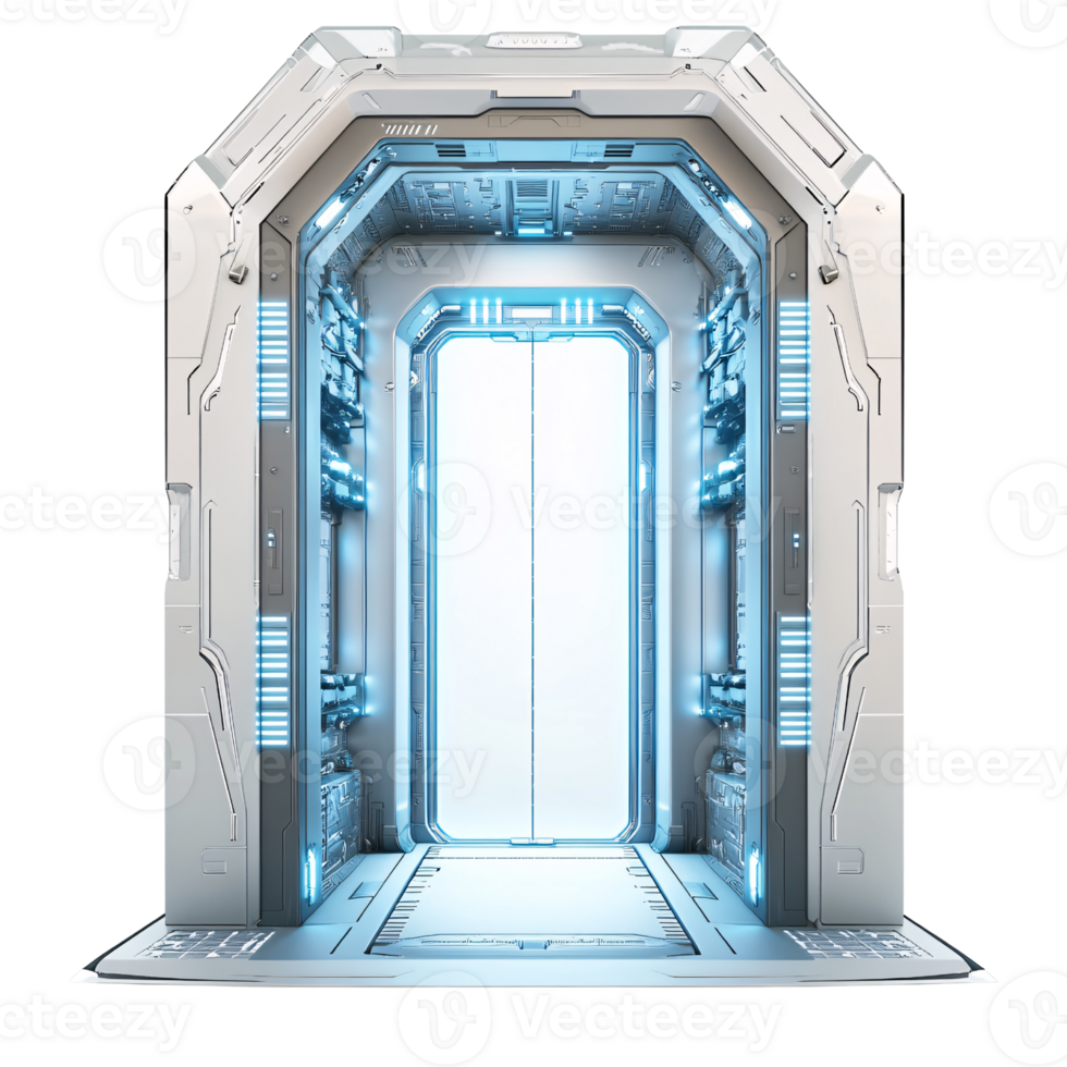 Futuristic spaceship door with glowing blue lights on a transparent background Concept of science fiction, portal, and technology png