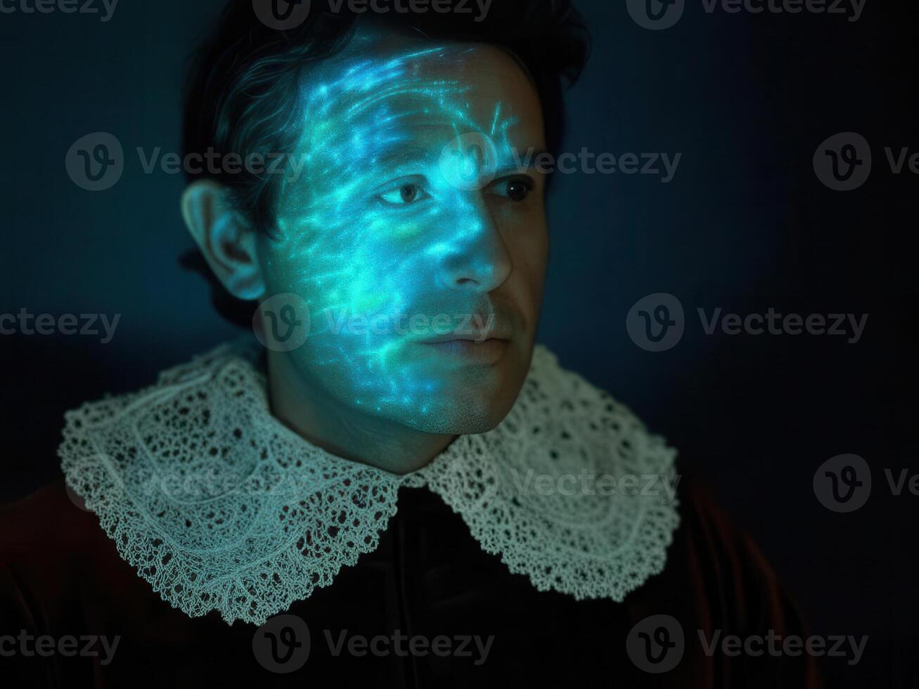 A man in vintage attire with glowing digital patterns on his face, merging historical portrait aesthetics with futuristic holography photo