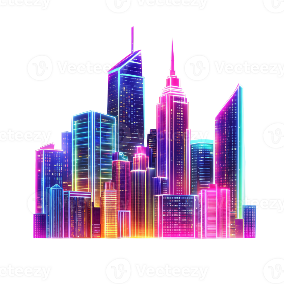 Vibrant neon cityscape illustration on transparent background Futuristic skyline with glowing skyscrapers, concept of modern architecture and urban fantasy png