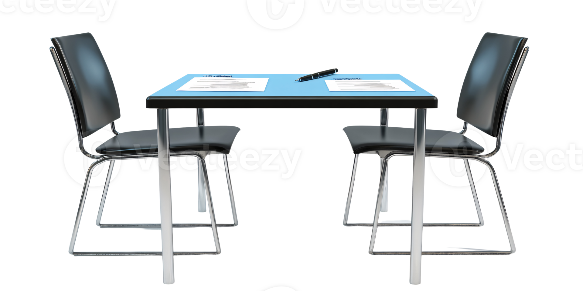 Empty meeting room with blue table, two chairs, pen and contract documents Concept of business negotiation, agreement, and legal paperwork png