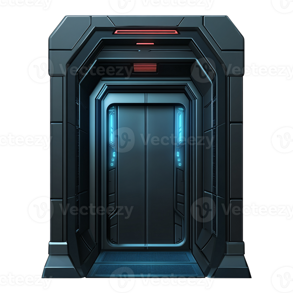 Futuristic spaceship door or elevator with glowing blue lights on a transparent background Concept of science fiction, technology, and space travel png