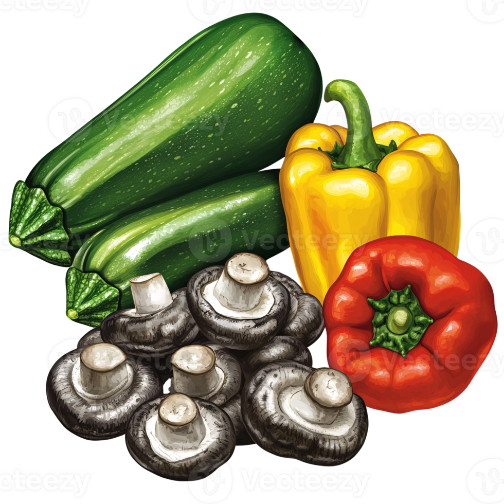 Fresh and colorful vegetable assortment with zucchini, bell peppers, and mushrooms on a transparent background Concept of healthy eating, vegetarianism, and veganism png