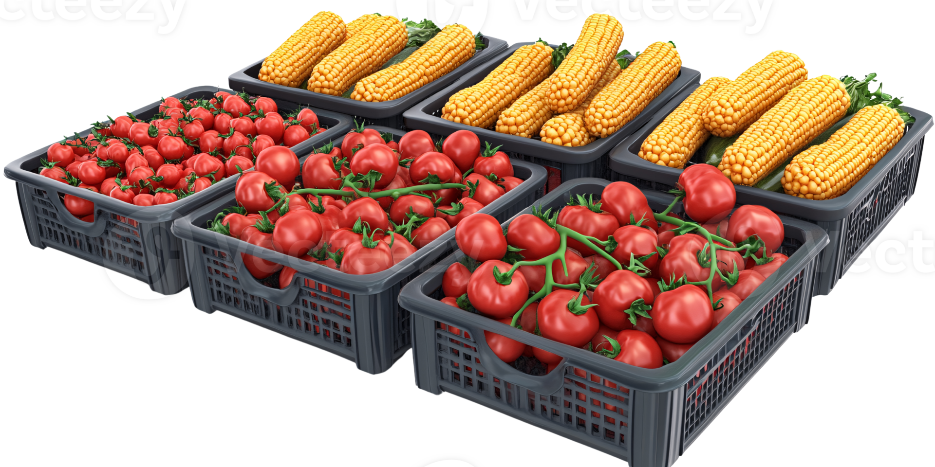 Freshly harvested tomatoes and corn in plastic crates, displayed for sale at a farmers market Concept of healthy eating, local produce, and seasonal harvest png