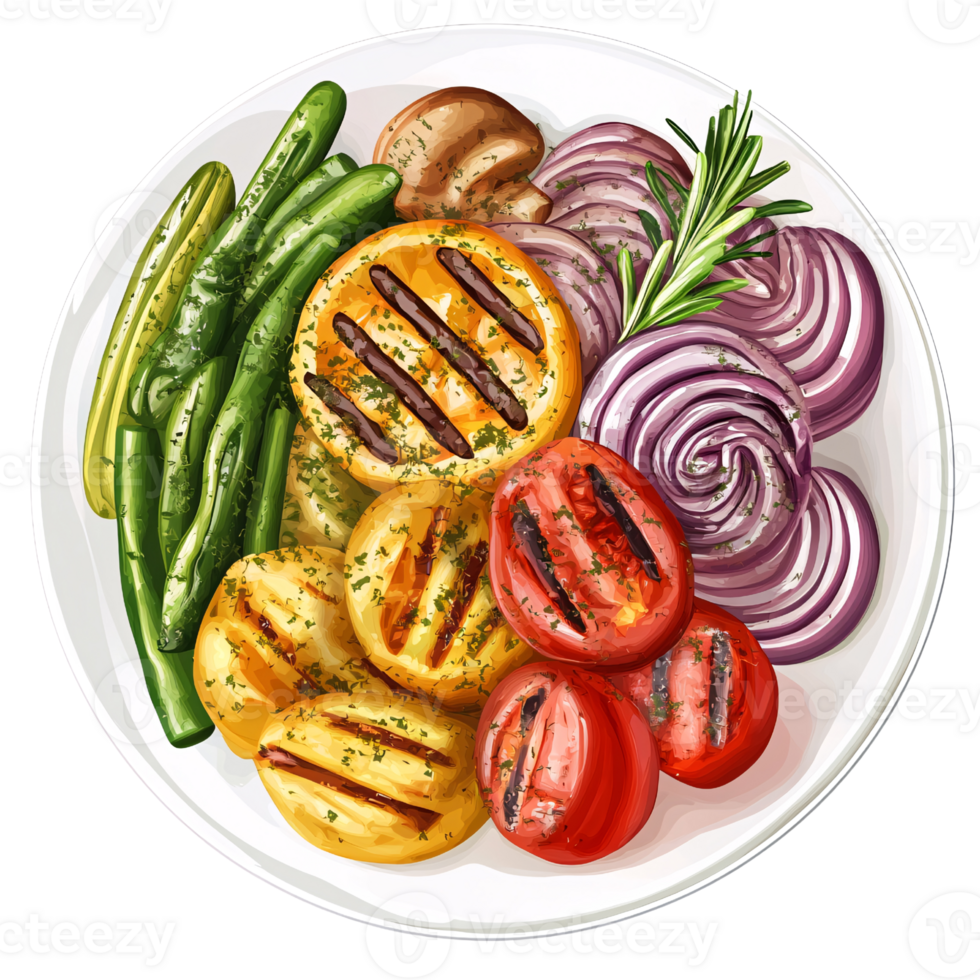 Colorful grilled vegetables featuring tomatoes, onions, potatoes, green beans, and mushrooms on a white plate Concept of healthy eating, vegetarian, and vegan cuisine png