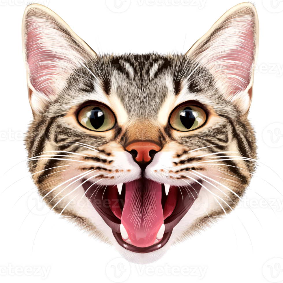 Cartoon tabby cat with open mouth and visible fangs, roaring with tongue out on a transparent background Concept of animal behavior, aggression, and feline expression png