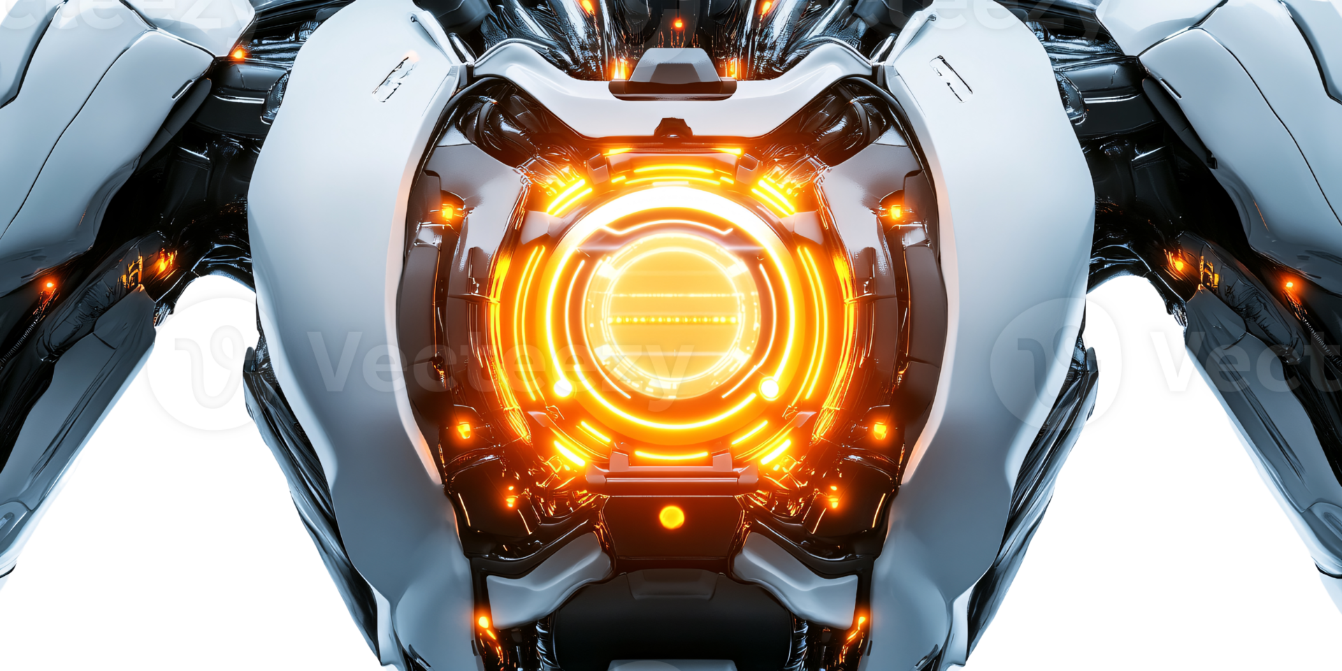Futuristic metallic robot torso with glowing orange core, showcasing advanced technology and artificial intelligence on a transparent background Concept of science fiction and innovation png