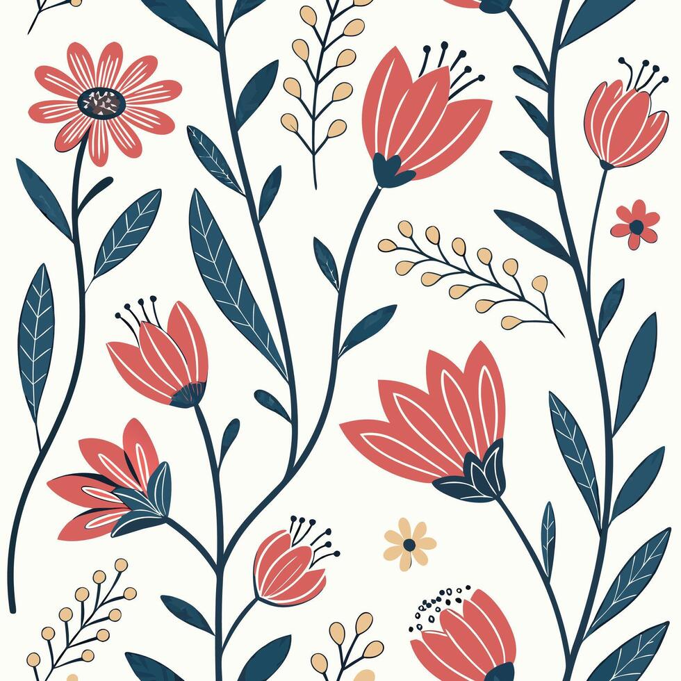 Floral Pattern Seamless Design, Red Flowers vector