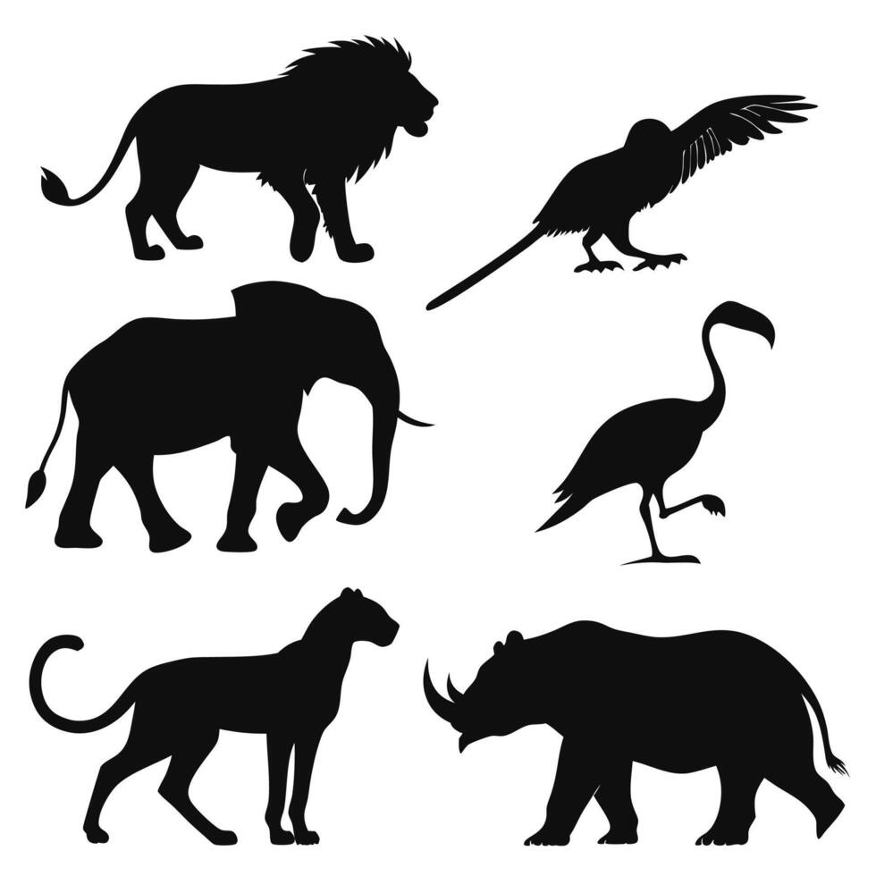 African Wildlife Silhouettes Lion, Elephant, Cheetah, Rhino, Flamingo. vector