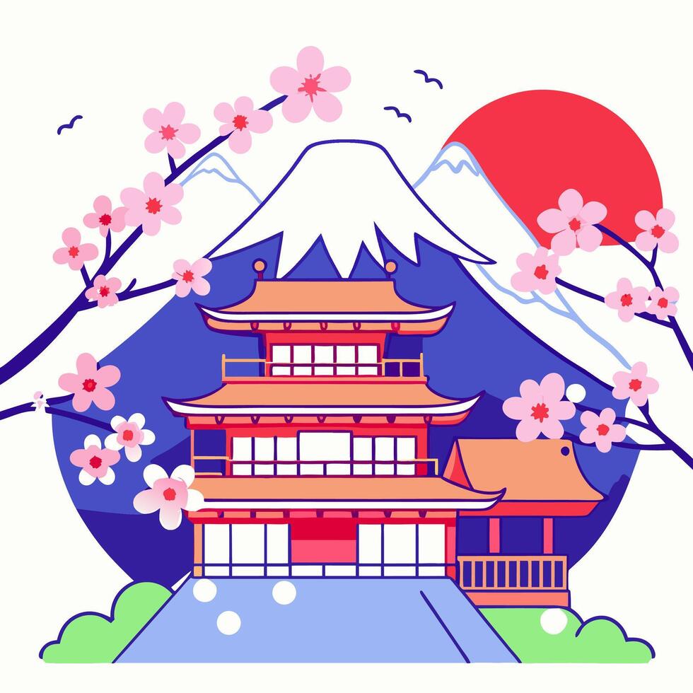 Mount Fuji Temple Cherry Blossoms Art vector