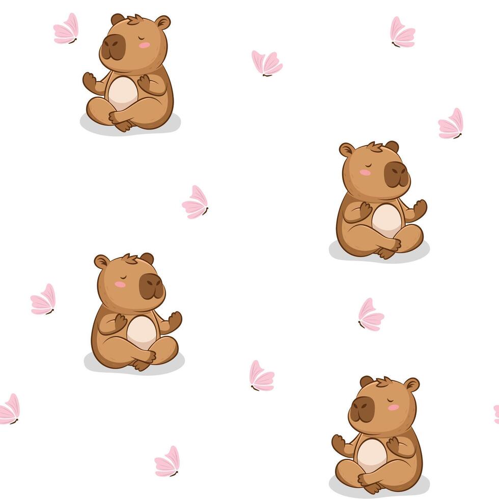 Cute capybara yoga with butterflies, seamless pattern vector