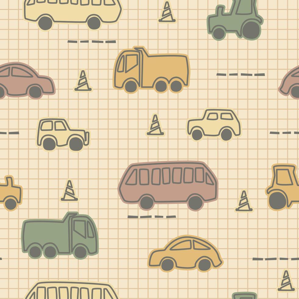 Funny print with cars drawn by children. Seamless cars pattern on cell background vector