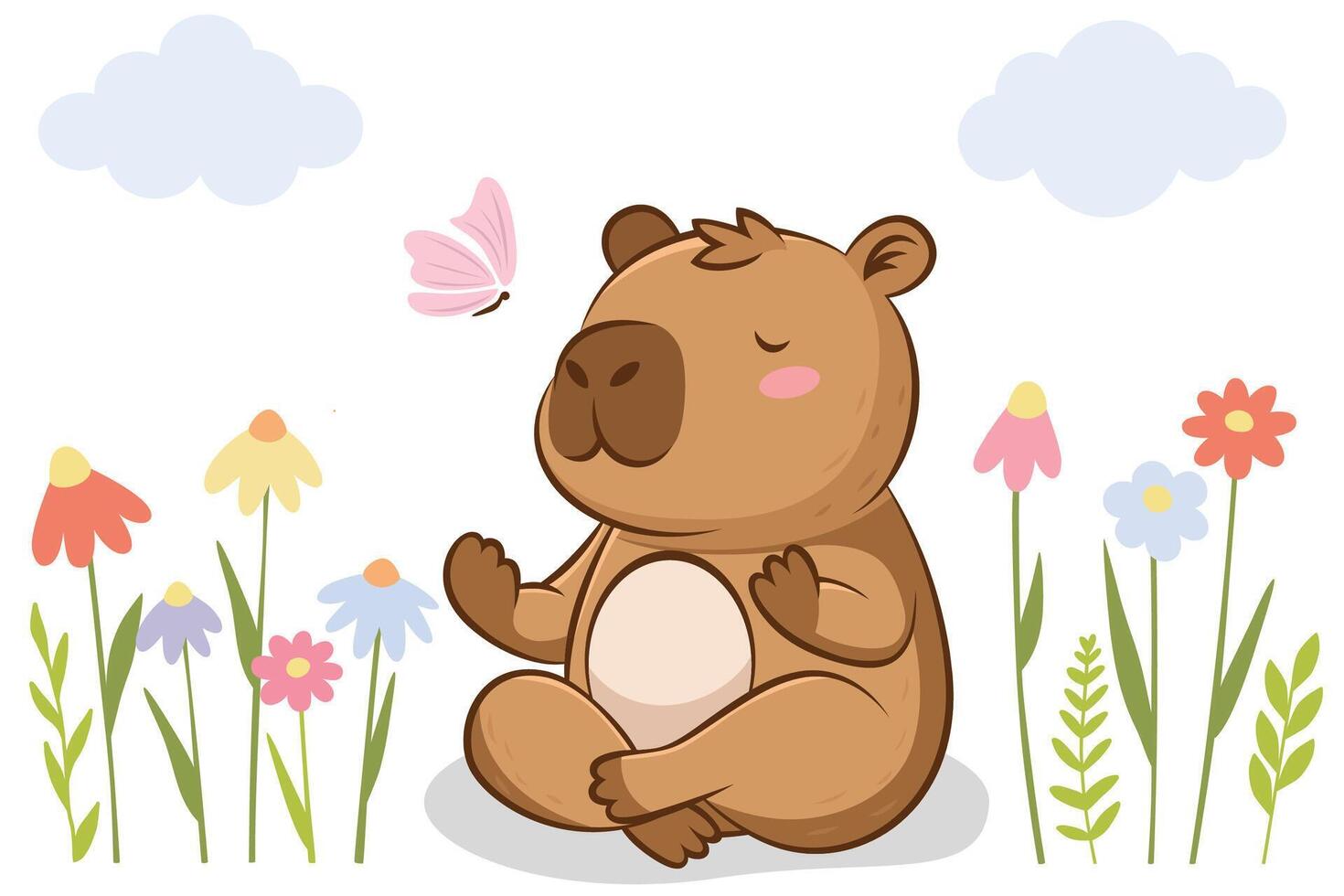 Cute capybara yoga in a field with flowers and butterflies vector