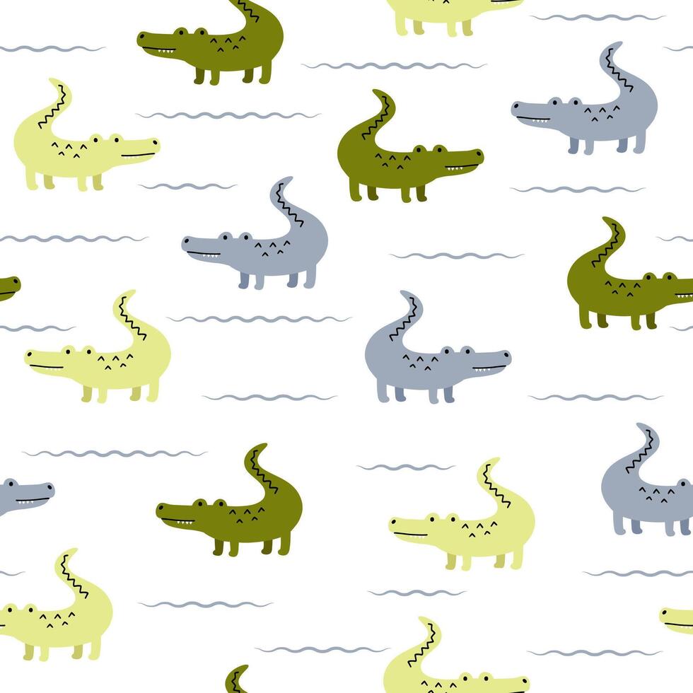 Seamless pattern with cute crocodiles and waves vector