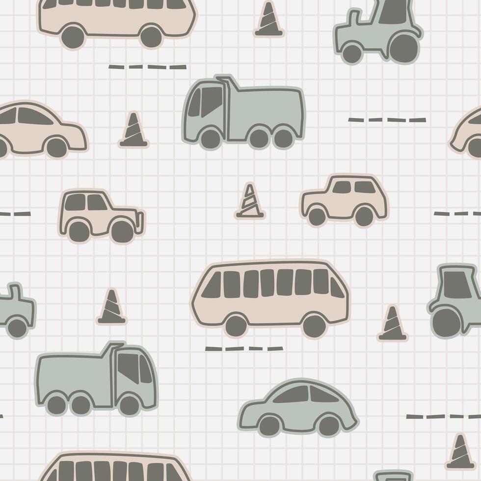 Funny print with cars by children. Seamless cars pattern vector