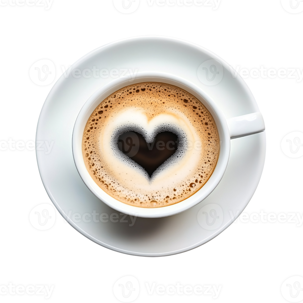 Top view of a cup of coffee with heart shaped latte art on a white saucer, symbolizing love, romance, and Valentines Day png