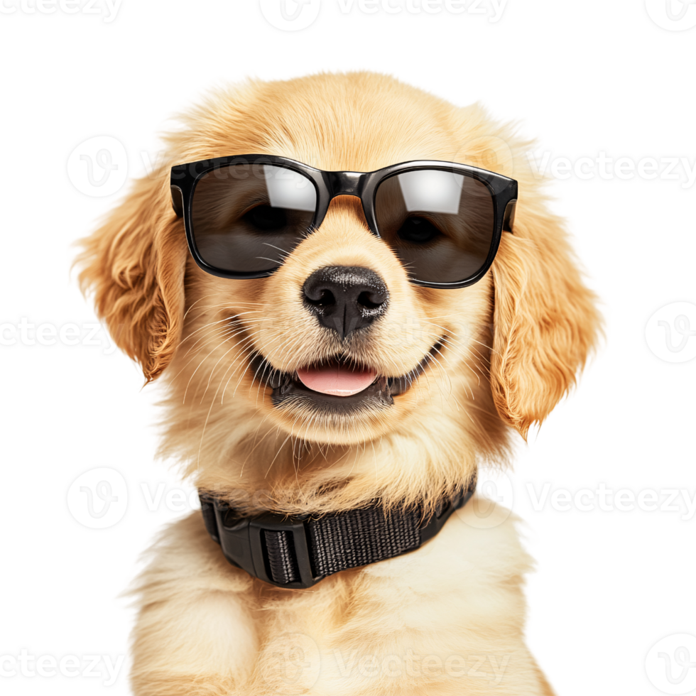 Adorable golden retriever puppy wearing sunglasses and a collar on a transparent background, showcasing a cool and playful pet portrait png