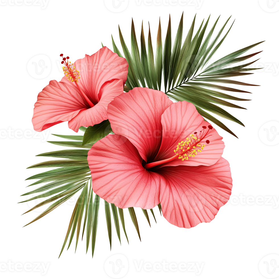Two vibrant pink hibiscus flowers with palm leaves on a transparent background Concept of tropical floral design, summer, and exotic beauty png