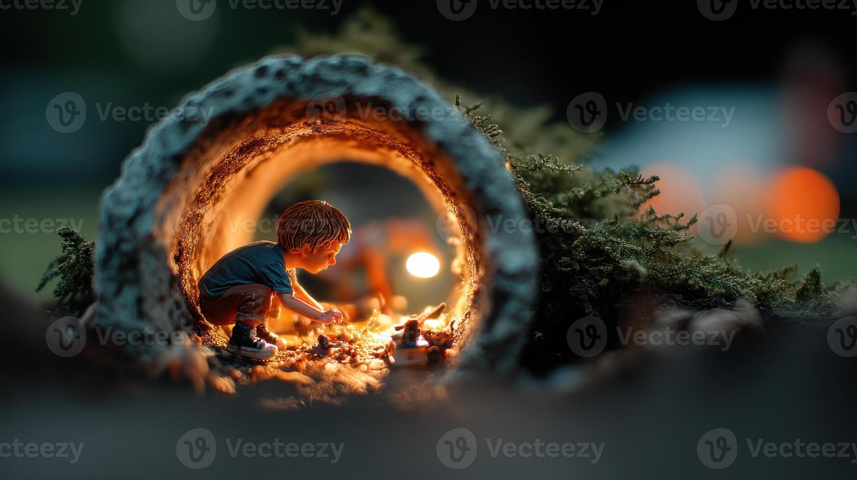 A miniature child crouches inside a glowing tunnel, surrounded by nature and warm lights, creating a magical and surreal vibe photo