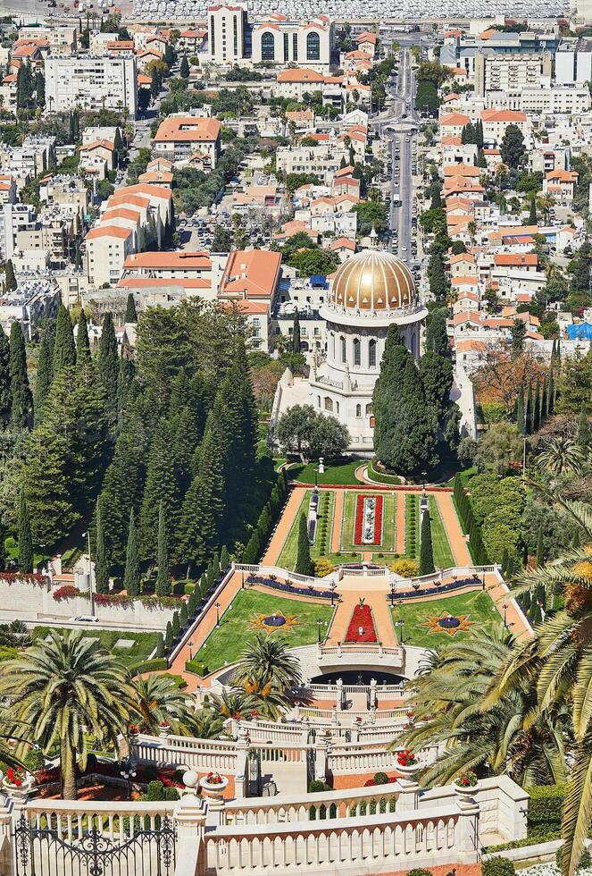 A vertical perspective of the Bahai Gardens in Haifa, aligned with the shrine and central axis leading through the city photo