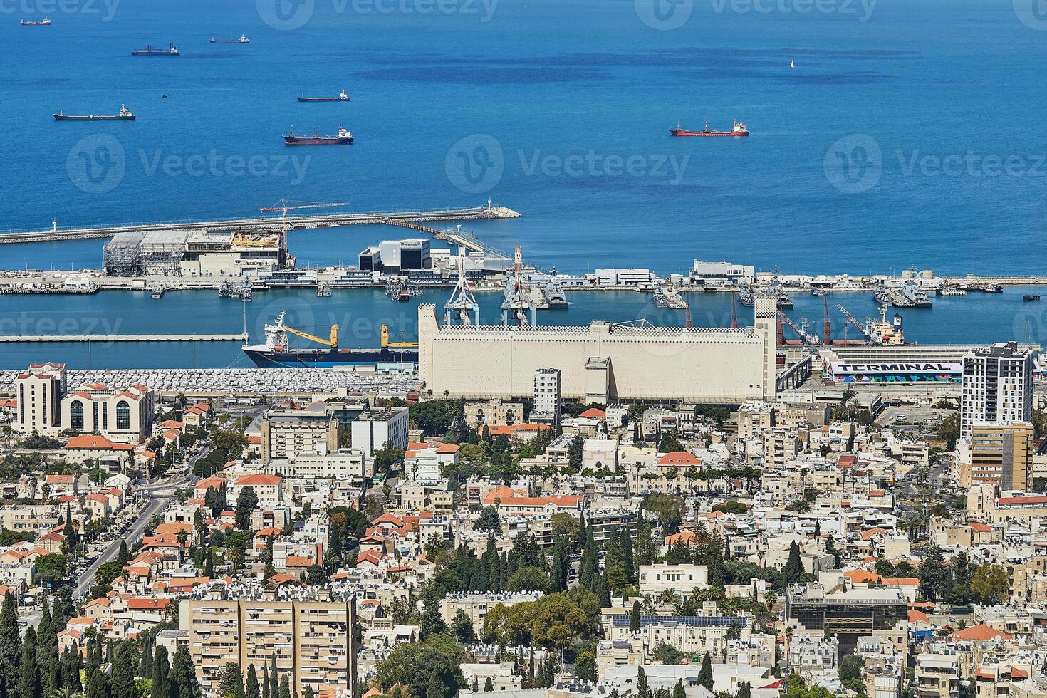 A close view of Haifas harbor infrastructure with numerous cargo ships, cranes, and urban residential buildings in the foreground photo