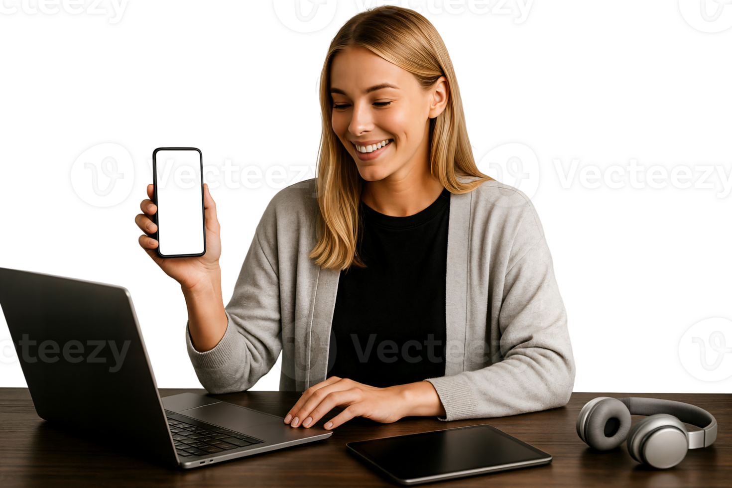 Blonde woman showcasing blank smartphone screen next to laptop and tablet in home office setting png