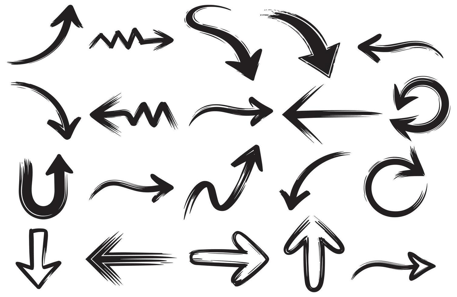 Hand Drawn Arrow Brush Set, Collection of Sketchy Arrows in Multiple Directions, Curved and Swirled Brush Strokes, Perfect for Infographics, Presentations, Web UI, and Design Elements vector