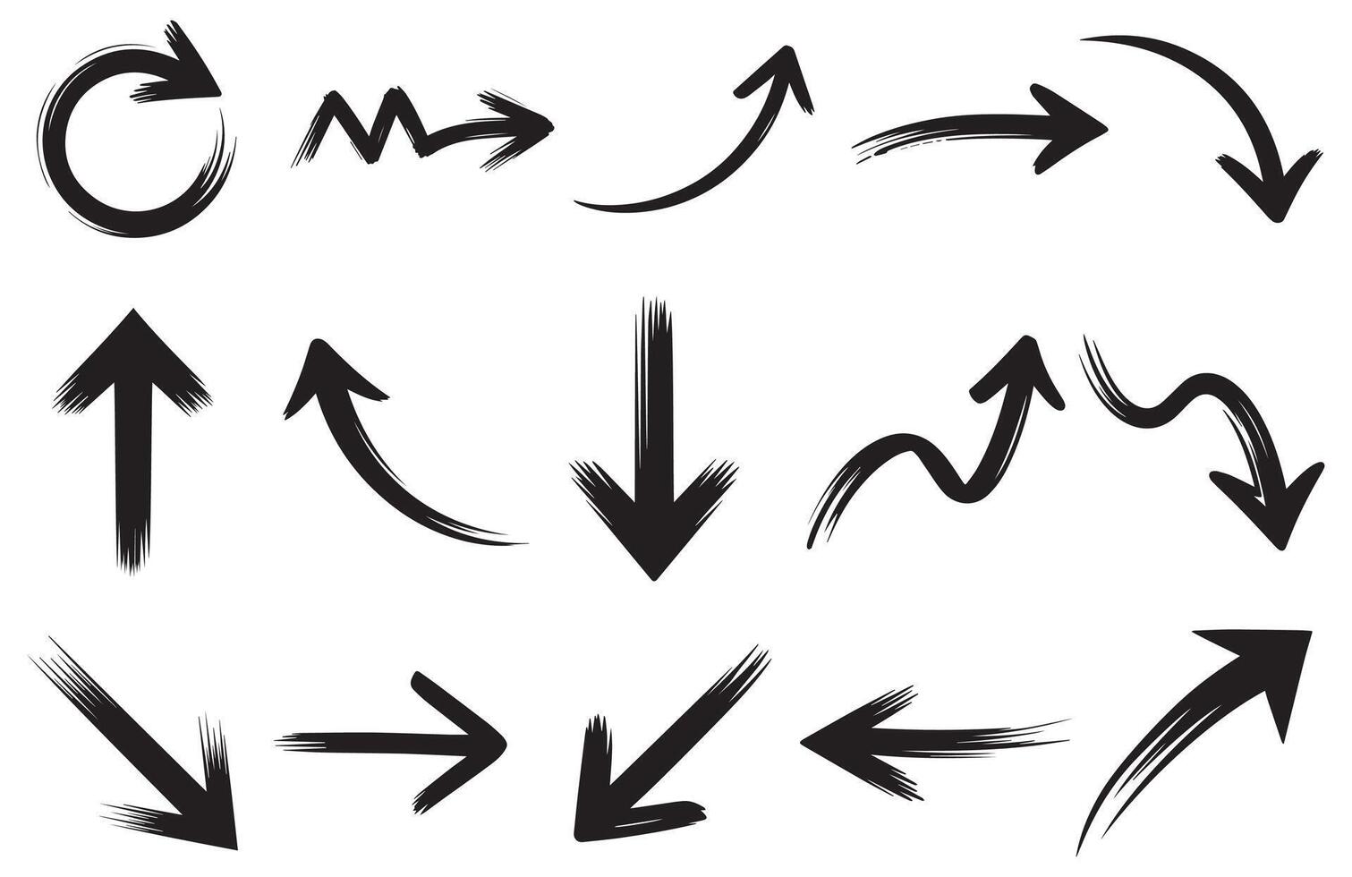 Hand Drawn Arrow Brush Set, , Collection of Sketchy Arrows in Multiple Directions, Curved and Swirled Brush Strokes, Perfect for Infographics, Presentations, Web UI, and Design Elements vector