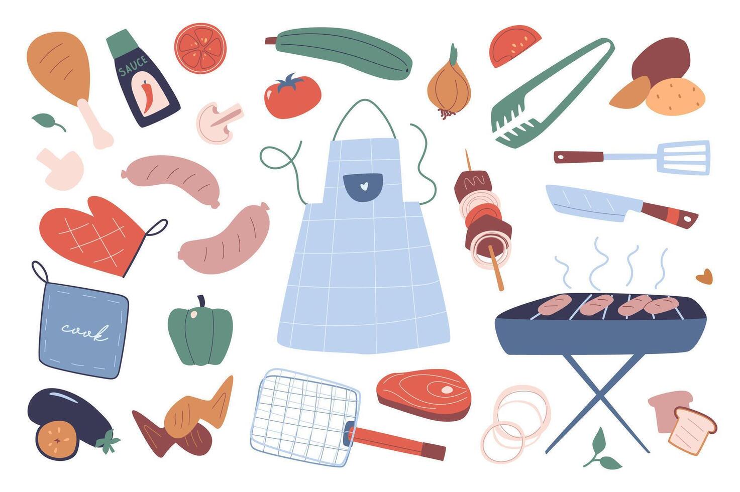 Barbecue and picnic set in flat graphic design. Collection isolated elements of apron, grill, steak meat, sausage, sauce, chicken leg and wings, vegetables, spatula, knife, other. illustration. vector