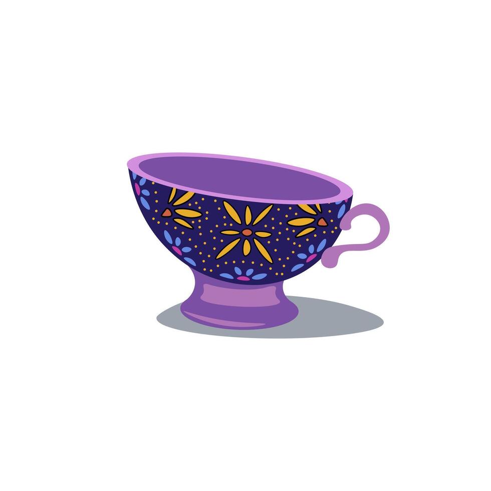 India cup with ornate in flat design. Saucer or mug with colourful ornament. illustration isolated. vector
