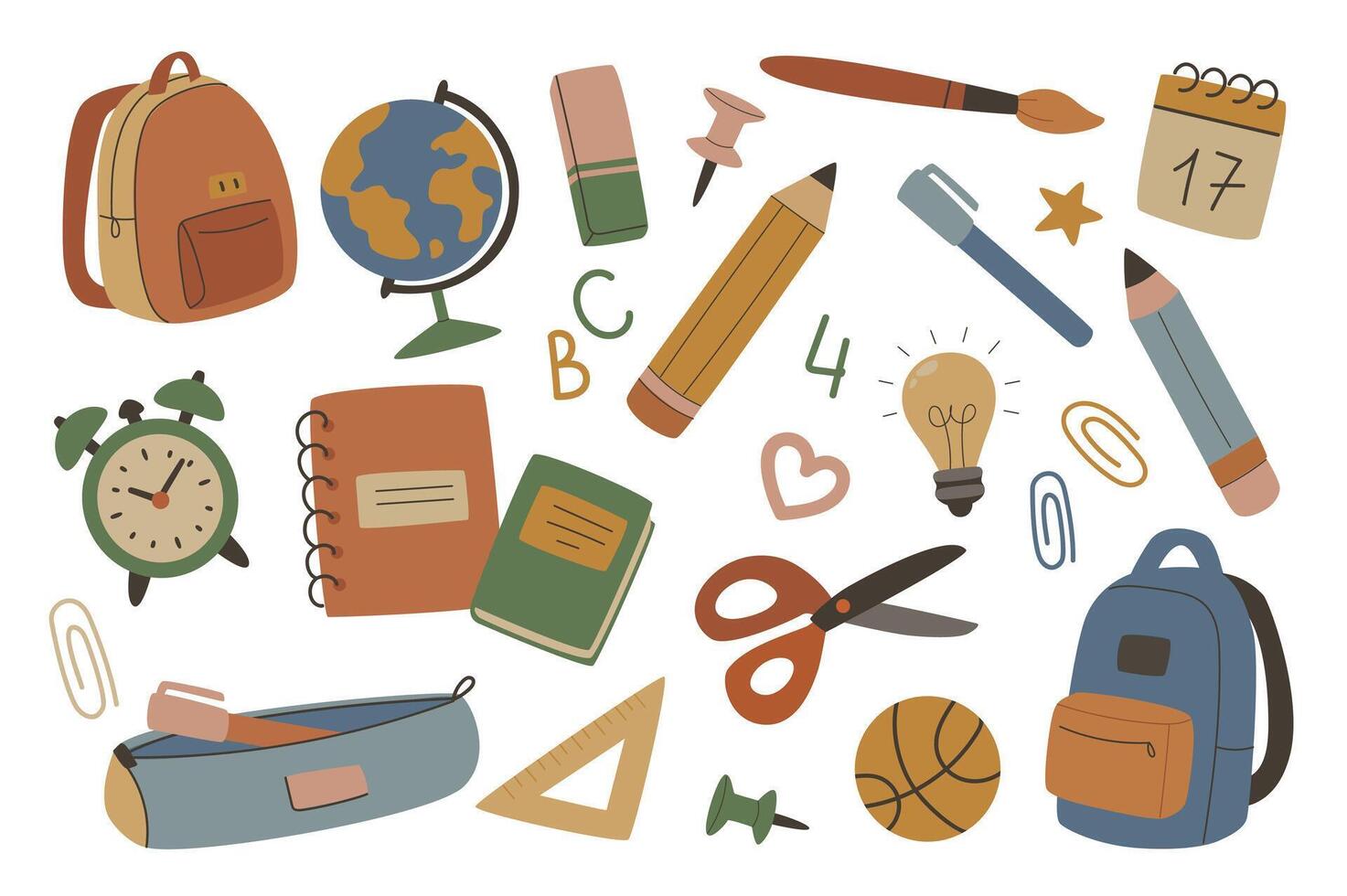 School stationery set in flat graphic design. Collection isolated elements of backpacks, globe, eraser, pin, pencil, pen, paintbrush, calendar, alarm clock, book, notebook, other. illustration. vector