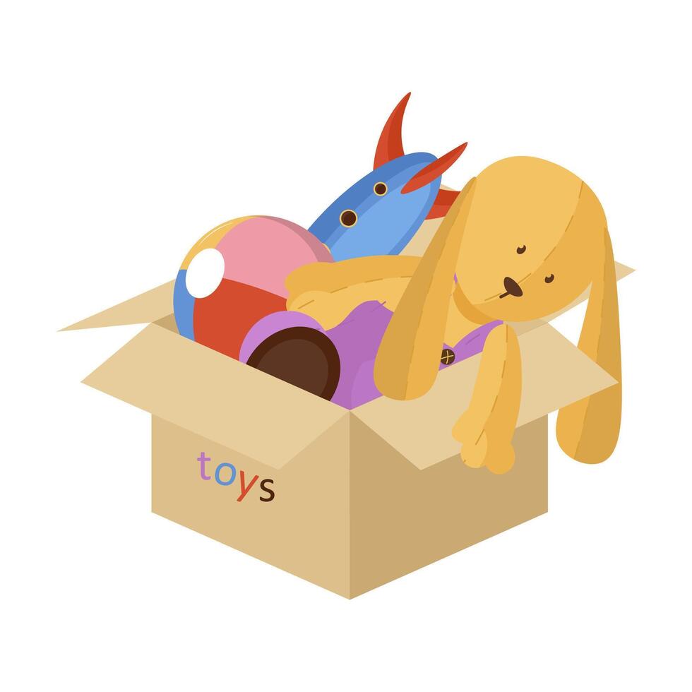 Toys in box in flat design. Teddy rabbit, ball and rocket in container. illustration isolated. vector