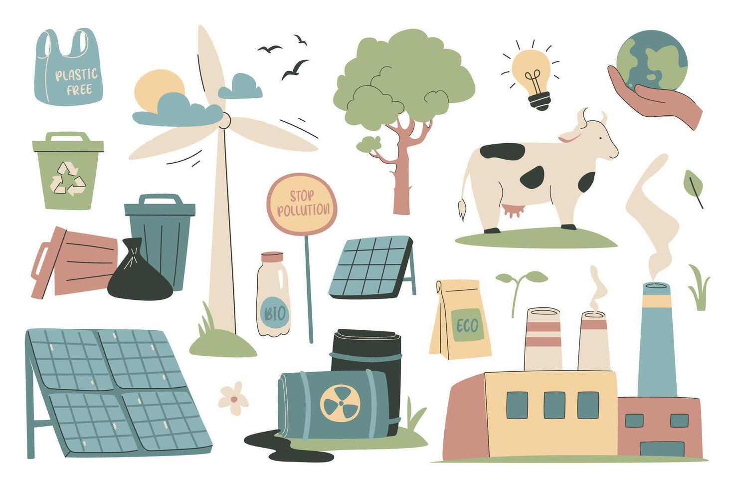 Ecology set in flat graphic design. Collection isolated elements of bag plastic free, recycling waste, solar panel, wind turbine, forest tree, local farm, support earth, other. illustration. vector