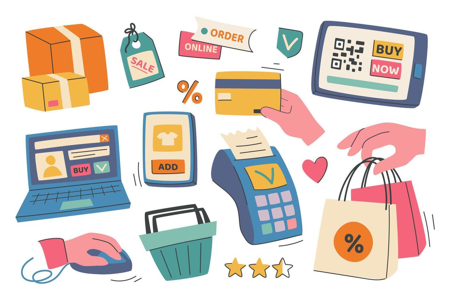 Online shopping set in flat graphic design. Collection isolated elements of sale, order, delivery box parcel, credit card, cashless payment, mobile app, website, basket, other. illustration. vector