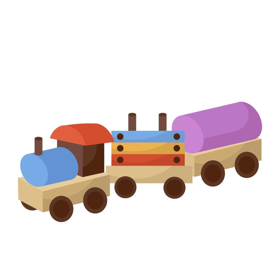 Toy wooden train in flat design. Baby plaything of locomotive with wagons. illustration isolated. vector