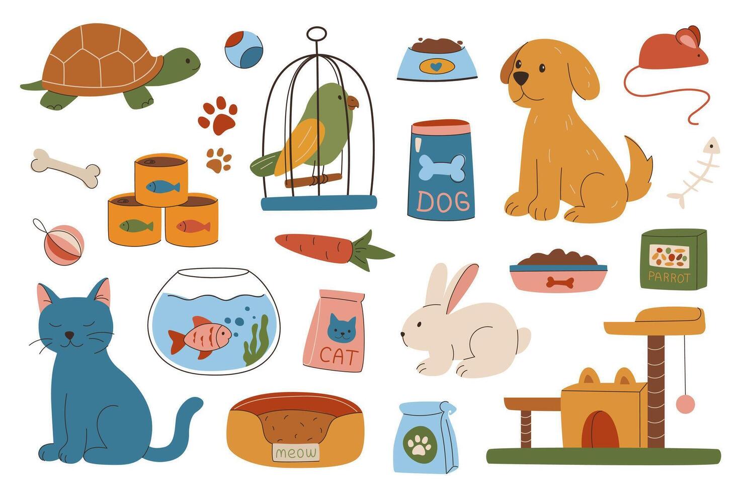 Pet supplies set in flat graphic design. Collection isolated elements of turtle, parrot, dog, cat, rabbit, cage, toy, canned food, bone, carrot, aquarium fish, bed, house, other. illustration. vector