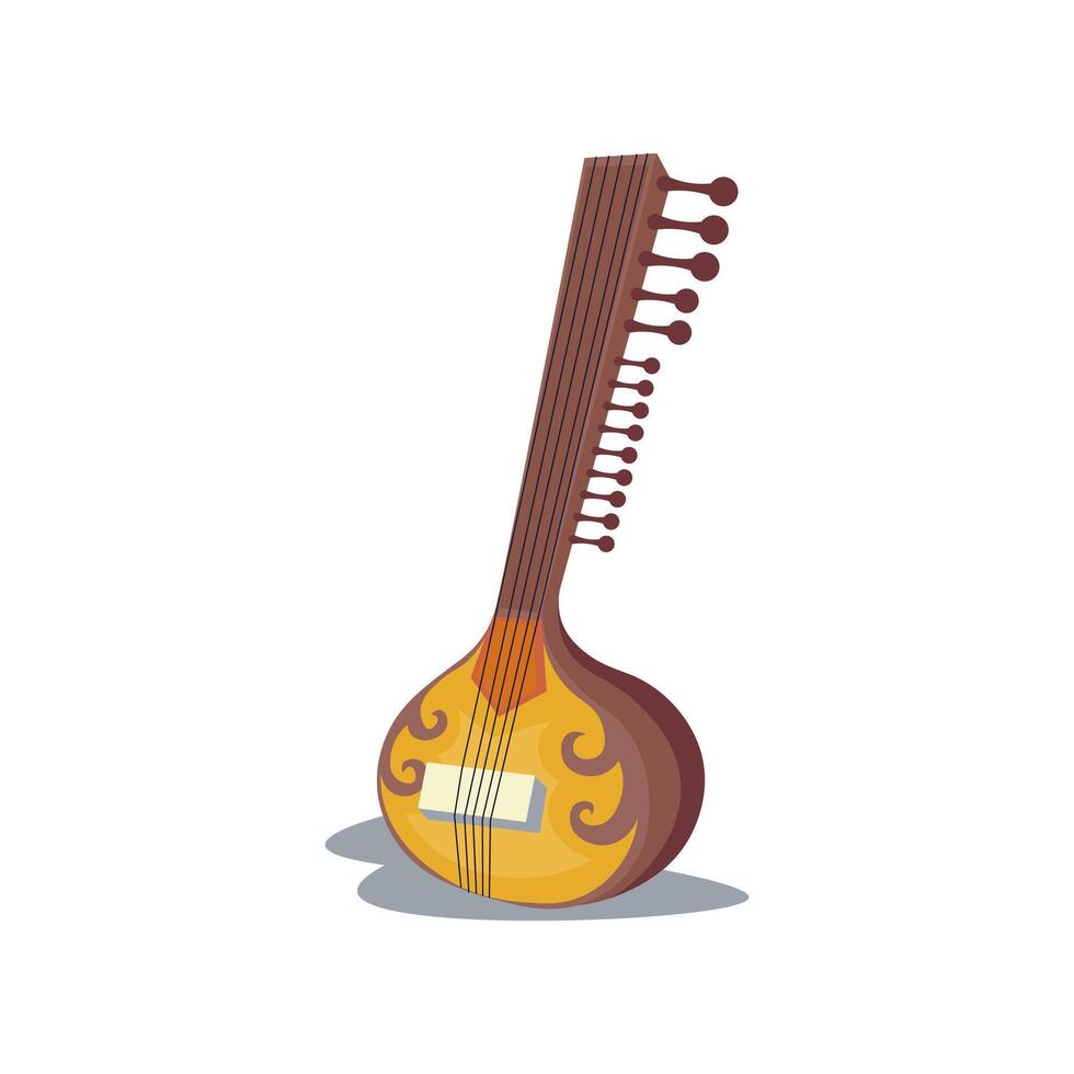India sitar with decor in flat design. Traditional musical instrument. illustration isolated. vector