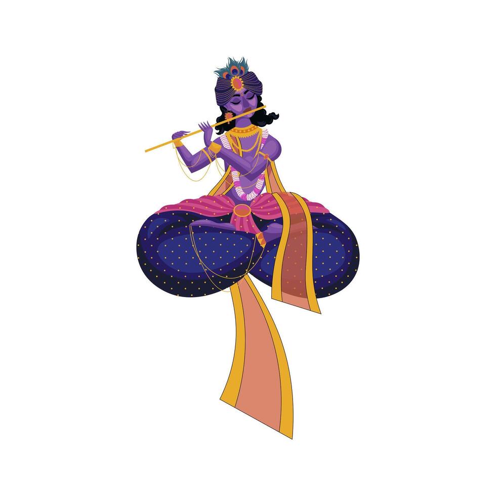 Krishna god plays flute in flat design. Indian musician with instrument. illustration isolated. vector