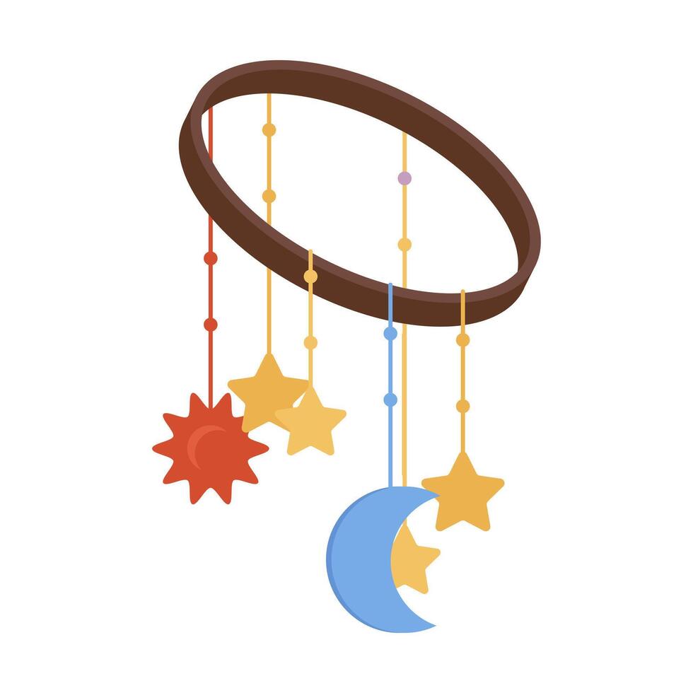 Baby crib mobile in flat design. Hanging toy with stars, moon and sun. illustration isolated. vector