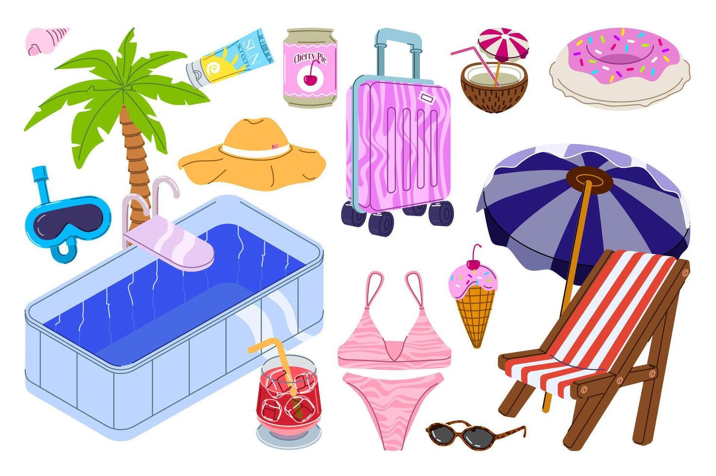 Summer set in flat graphic design. Collection isolated elements of swimming pool, palm, bikini, diving mask, sunscreen, cocktail, lounger by umbrella, ice cream, seashell, other. illustration. vector