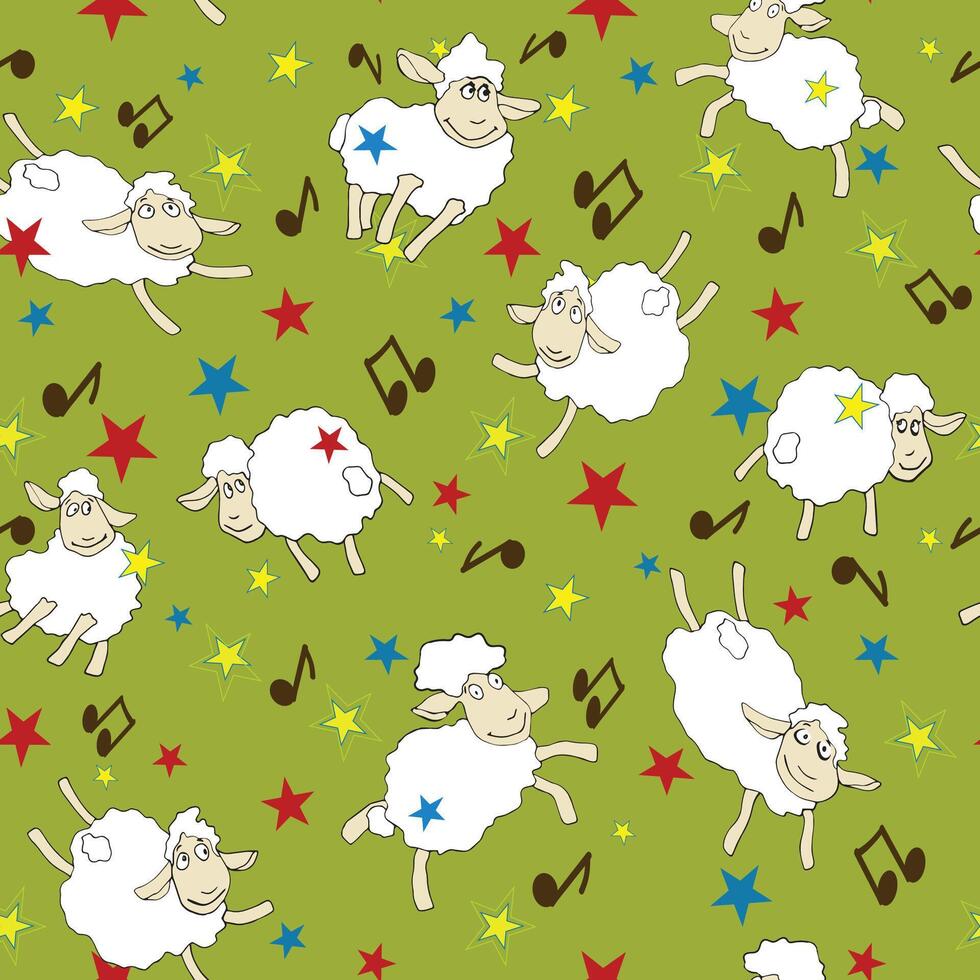 Playful seamless pattern featuring cute cartoon sheep dancing among colorful stars and musical notes on a bright green neutral background. Perfect for kids clothing, nursery decor, fabrics, gift wraps vector