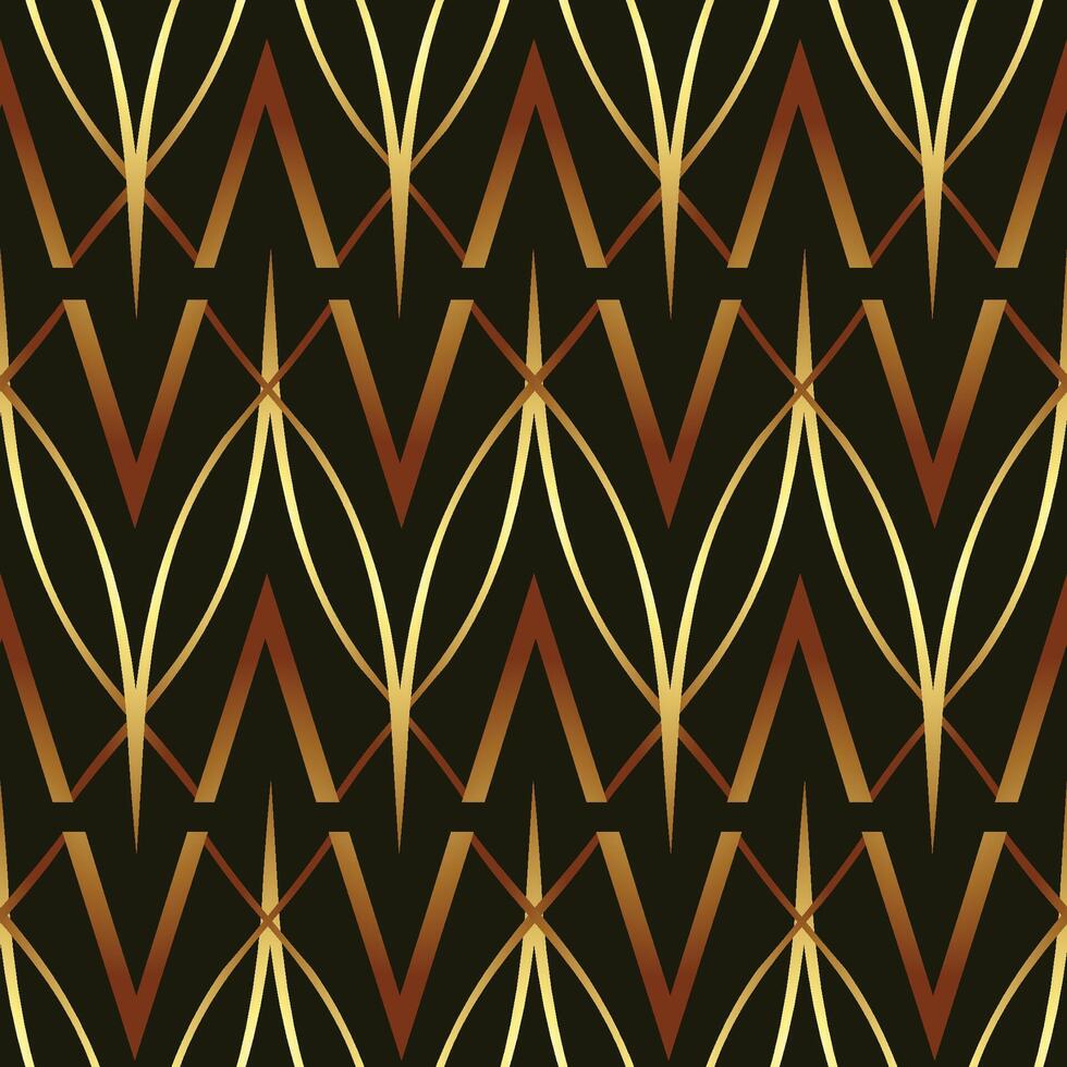 Seamless Art Deco geometric pattern featuring intertwining gold and bronze lines on a deep brown background. This sophisticated, minimalist design is perfect for textiles, wallpaper, home decor vector
