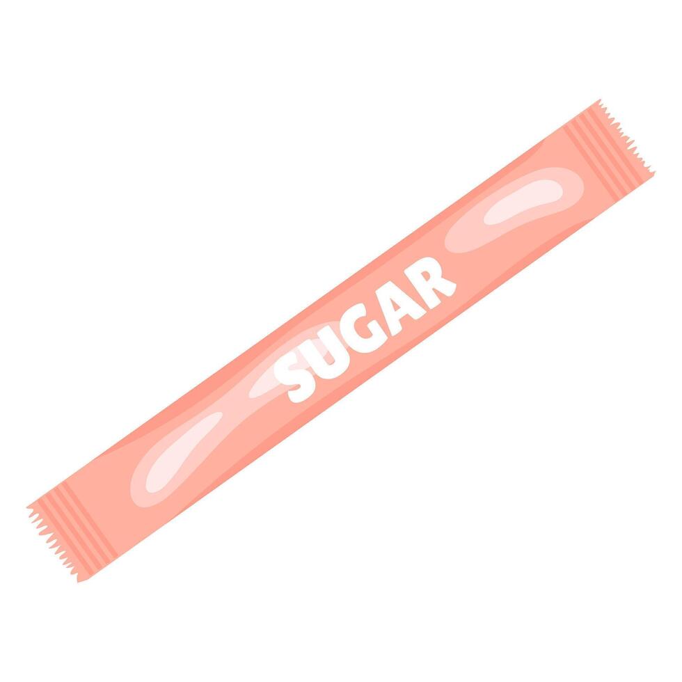 Pink paper stick with sugar in flat design. Sweet white powder in pack. illustration isolated. vector