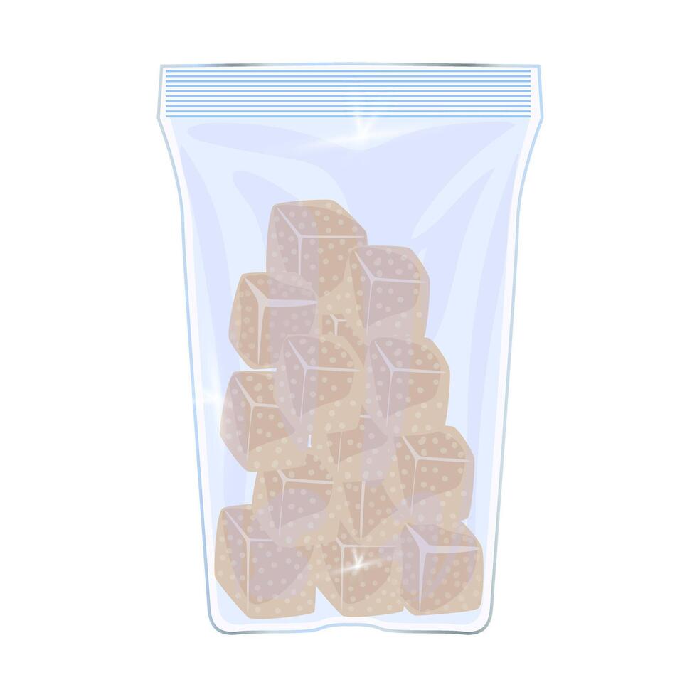 Brown sugar cubes in package in flat design. Sweet cane blocks in pack. illustration isolated. vector