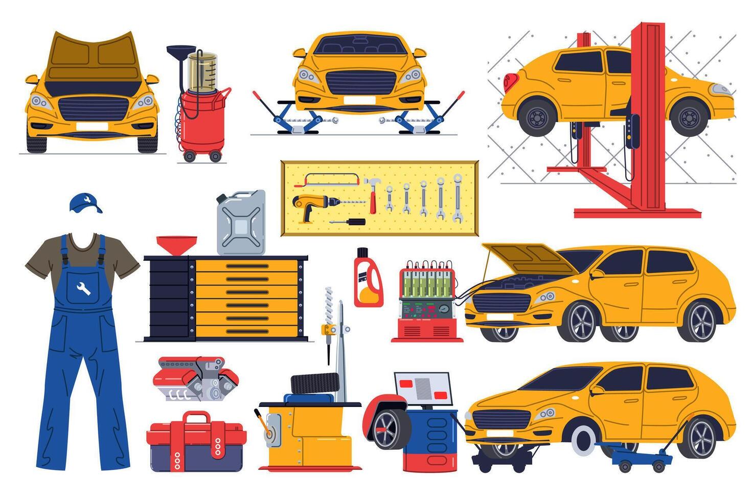 Auto service set in flat graphic design. Collection isolated elements of car diagnostics, mechanic clothes, open hood, jacks, lifter, oil, tools, canister, wheel alignment, other. illustration. vector