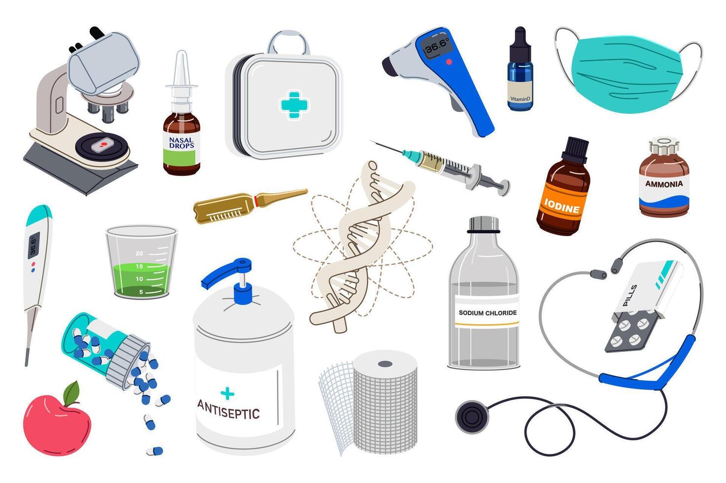 Medical tools set in flat graphic design. Collection isolated elements of microscope, nasal, drops, first aid kit, thermometer, vitamins, mask, test cup, ampoule, syringe, other. illustration. vector